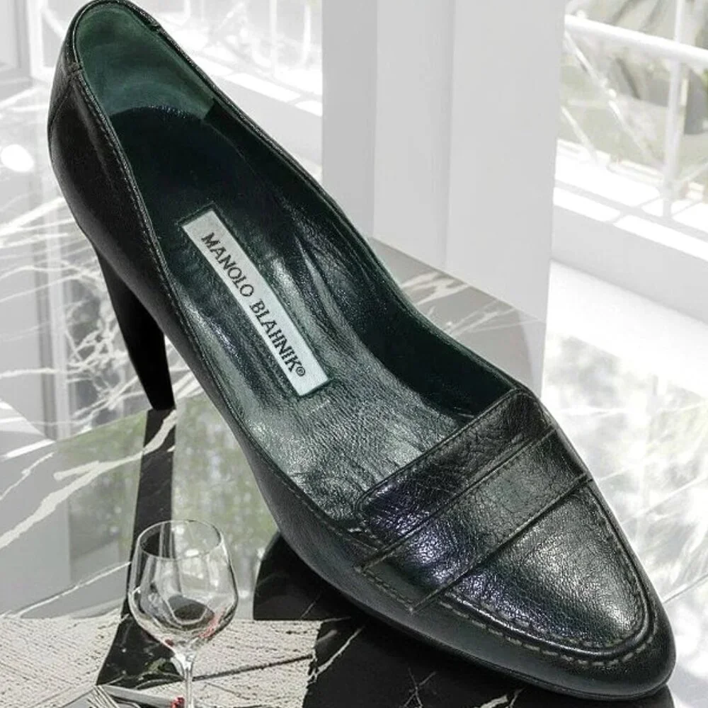 Manolo Blahnik Black Leather Preppy Loafer Pumps, Size 36.5 (US 6.5)